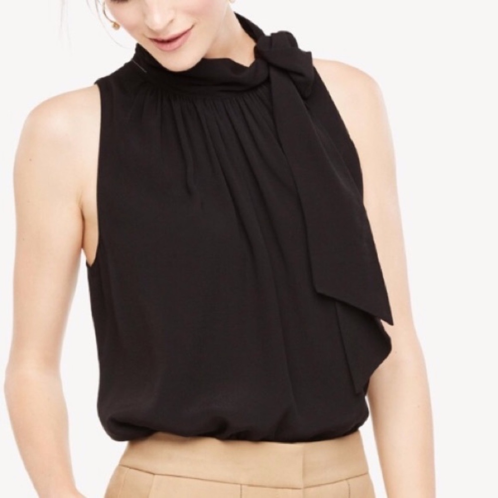 Anne Taylor Sleeveless Black Tie Neck Top